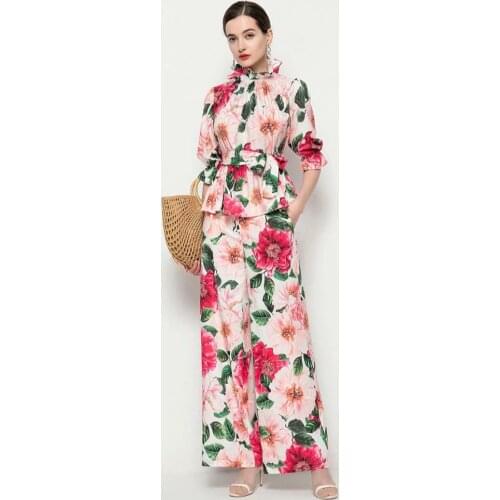 Three-quarter sleeves lotus leaf collar waist tie top + rose flower print loose trousers 2021 spring and summer new fashion suit