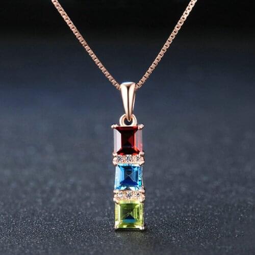 925 Sterling Slver Color Treasure Jewelry Natural Peridot Swiss Blue Topaz Garnet Pendant Necklace Female Fine Jewelry