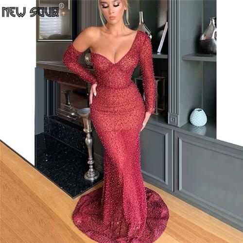 One Sleeve Style Prom Dresses Vestidos De Festa Wine Red Pearls Long Party Dress Middle East 2020 New Custom Beaded Party Gown