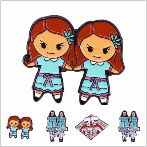 HOSENG The Shining Twins Sisters Cartoon Brooch Siamese Skull Badge Forever Friends Enamel Pin Halloween Funny Gift HS_899