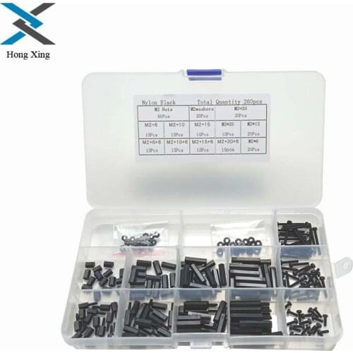 260Pcs M2 Black Male-Female/Female-Female Spacers PCB Threaded Screws nuts washer Bolt Assortment kit set
