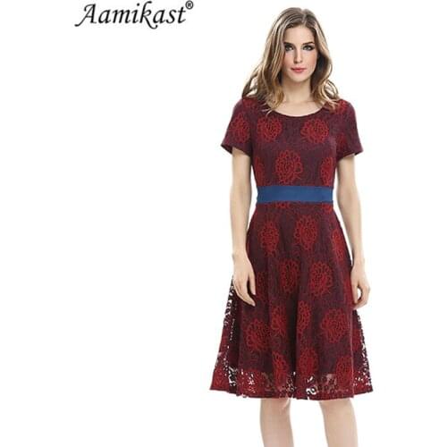 Aamikast Summer O-neck Short Sleeve Elegant Vintage Lace Dresses Bandage Fit And Flare Patchwork Party Wear Work Casual dress