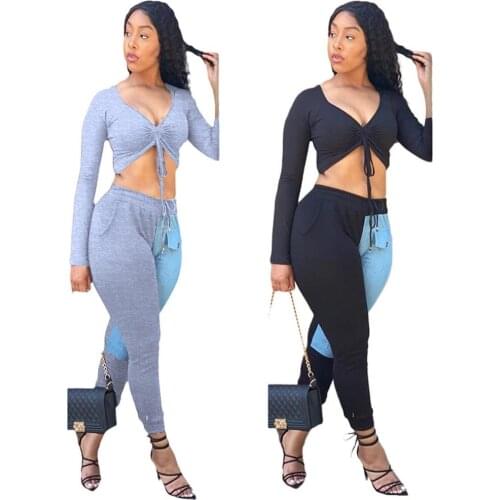 DPSDE 2020 fashion hot sale women sexy girl style sets long sleeve v neck top elastic long pants pure color 2 piece sets
