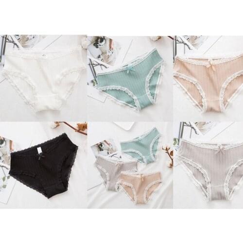 Cotton Threaded Bowknot Panties Pure Color Lace Trim Cute Thong and G-String Light Color Ladies Underwear