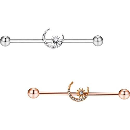 JUNLOWPY Moon 14G Stainless Steel Long Industrial Barbell Earrings Ear Tragus Cartilage Helix Conch Body Piercing Jewelry 50PCS