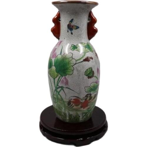 Chinese old porcelain Crack Glazed Mandarin duck lotus Painting Double ear Vase