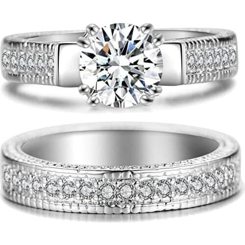 Trendy Wedding Ring for Women Bridal Engagement Classic Cubic Zircon Rings Set Silver Color Couple Jewelry Anniversary Gift 2pcs