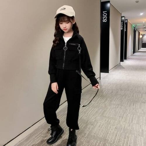 Black Color Spring Autumn Girls Clothing Sets Kids Clothes Toddler Girls Coat+Pants 2Pcs/Set Casual Fashion Teen Girls Clothing