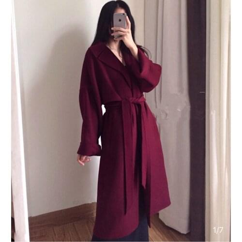 Maserati red mid-length temperament double-sided handmade wool coat Australian wool cashmere coat jacket lace female
