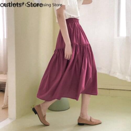 Summer New Womens Skirt A-line Skirt Female Korean Elastic High Waist Mid-length Solid Color Skirt Streetwear