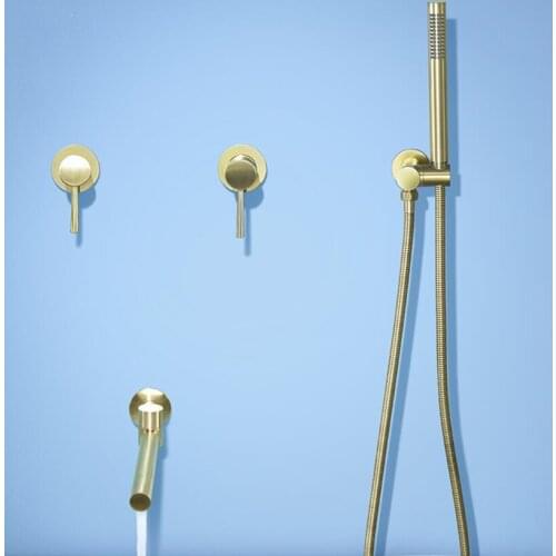 Brushed Gold Bathtub Shower Faucet Wall Mount 360 Rotation Spout Shower Brass Handshower Bathroom Shower System Bath Mixer Tap