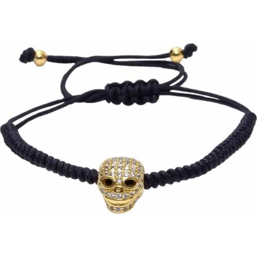 Fashion Leather Handmade White Zirconia Beads Men Bracelets Black Cord Gold Skulls Braided Bracelets for Women Pulseras Mujer