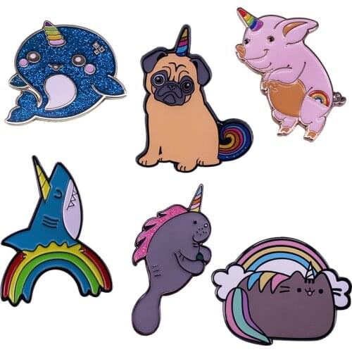 Cartoon Magical Unicorn Animal Lapel Pin Magic Dog Pug Cat Pig Seal Dolphin Shark Enamel Brooch Party Favor for Friends or Kids