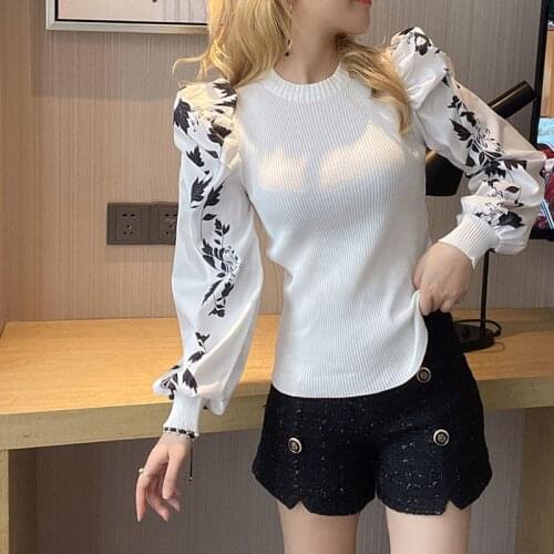2021 New Fashion Puff Sleeve Print Pullovers Short Autumn Fashion Women Sweaters Elegant Tops Korean Sueter Mujer Tops