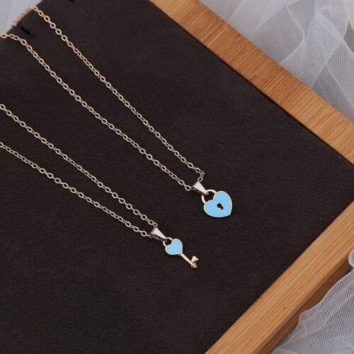2 Pcs/set Couple Necklace For Women And Men Romantic Key Lock Heart Pendant Golden Link Chain Fashion Jewelry Paired Necklace