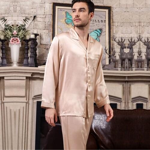 2019 elegance New 100% mulberry silk mens pajamas sets Long sleeve solid color male fashion pyjamas noble pure silk pijamas