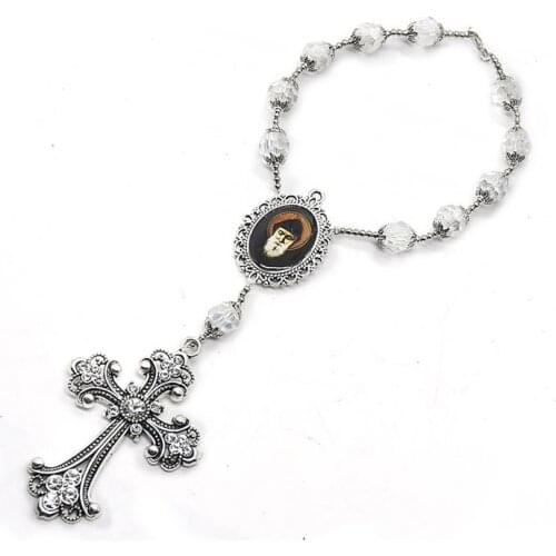 QIGO Vintage Cross The Rosary Bracelets White Crystal Jesus Christ Religious Pray Jewelry