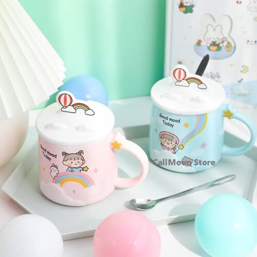 Student Korean Style Cartoon Mug with Lid 400ml Cute Kawaii Mugs Rainbow Rabbit Bunny Cup Ins Three-dimensional Ceramic Cup