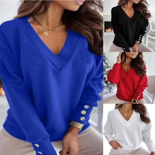 Sweaters Women Shirt Long Sleeve Loose Sweater Solid Color Tops Cuff Buttons V-neck Sweater Women Classic Basic Hoody Pullover