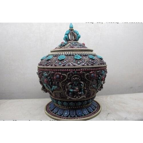 Tibet Buddhism Silver Gilt inlay ruby turquoise coral gemstone Tank jar Pot Vase
