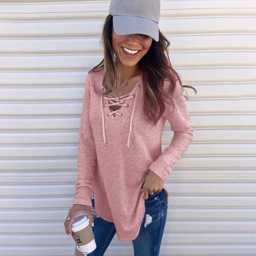Solid Color V-neck Tied Bandwidth Loose Tshirt Spring Long Sleeve Women T Shirts Casual Ladies Top Long Section Female Clothing