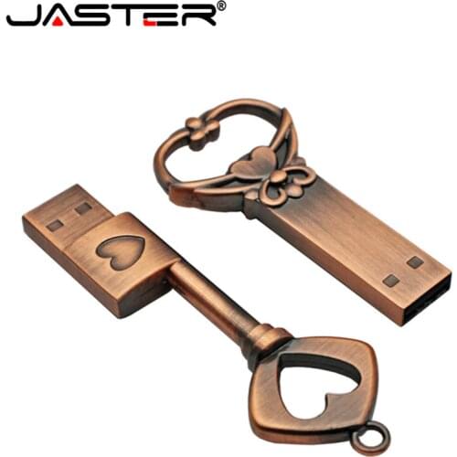 JASTER Copper love heart shaped key usb flash drive pendrive pen drive 4gb 16gb 32gb 64gb metal keys memory Stick wedding gift