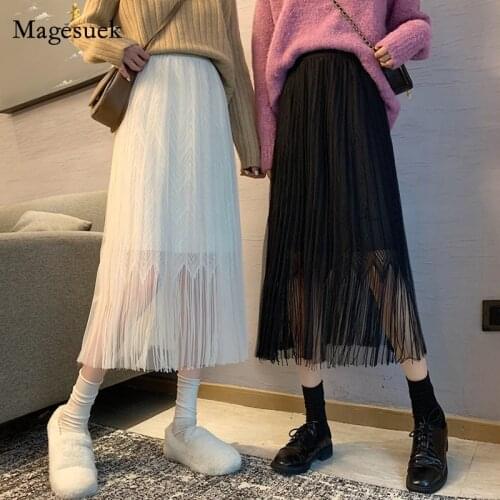 Spring Korean Style Tassel Skirt 2021 New Lace Stitching Pleated High Waist Skirts Women Casual Thin Black Apricot Skirts 12994