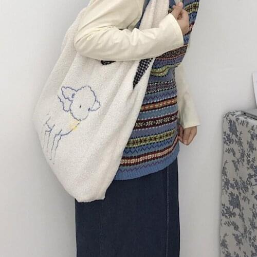 Women Lamb Like Fabric Shoulder Bag Simple Canvas Handbag Tote Large Capacity Embroidery Shopping Bag Cute Book Bags For Girls