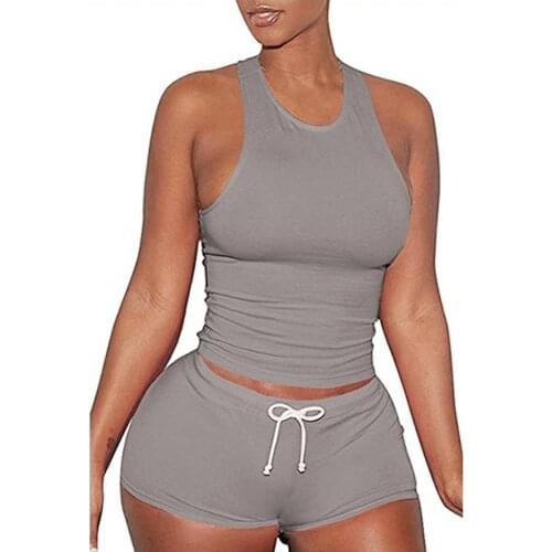 Women Summer Tracksuit O Neck Raceback Vest Drawstring Shorts Cotton Sports Set