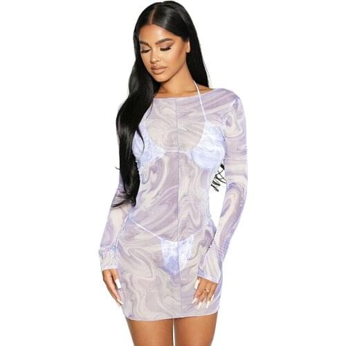 3Pcs Ladies Sexy Beachwear Suit, Summer Women Spiral Printing Hanging Neck Tie Up Split Swimwear + Long Sleeve Backless Dress