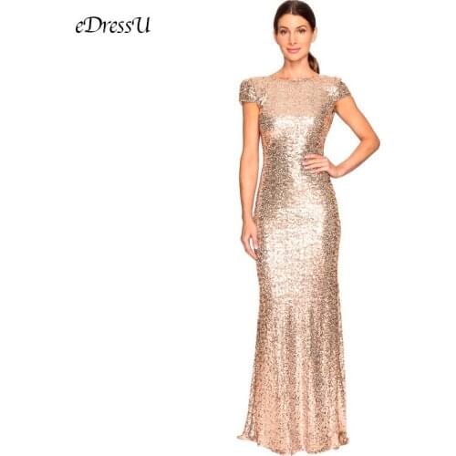 Sequins Evening Dress Elegant Gold Long Dress Mermaid Sexy Vestido de Fiesta Open Back Robe de Soiree HX-8789
