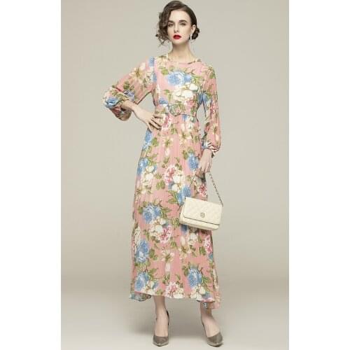 ZUOMAN Women Spring & Autumn Vintage Floral Dress Festa High Quality Long Elegant Pleated Party Robe Femme Designer Vestidos