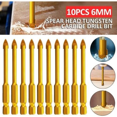10pcs Carbide TCT Glass Drill Bits 1/4'' Hex Shank Titanium Coated Wall Glass Hole Drill Power Tools Accessories