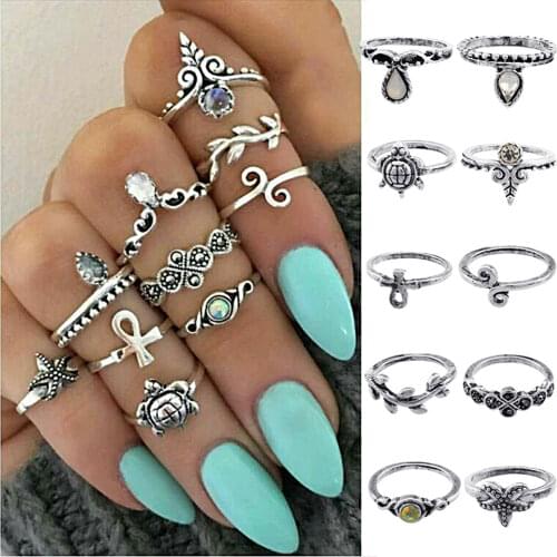13 Types Fashion Vintage Ring Set Femme Stone Silver Midi Finger Rings Women Jewelry Knuckle Ring Wedding Rings Set Jewelry Gift