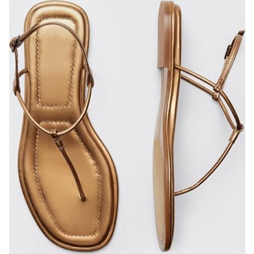 2021 Summer Flip Flops Beach Shoes Woman Gold Leather Clip Toe Roman Sandalias Female Korean Style Flats Sandals Slippers Shoe