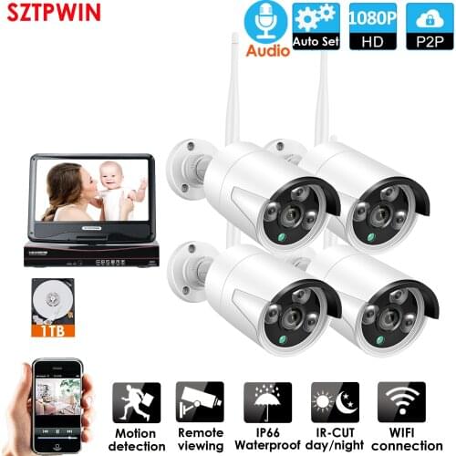 8CH 1080P Audio Wireless Surveillance System Network 10.1" LCD Monitor NVR Recorder 4pcs wireless Video audio Security Camera