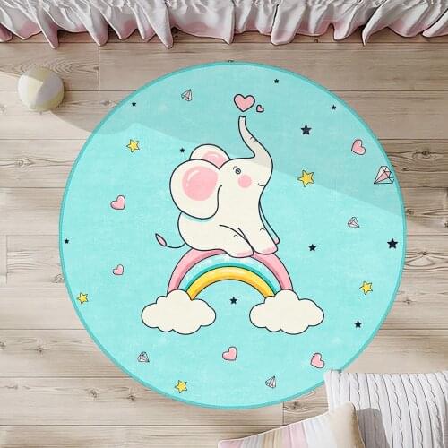 Mavi Yuvarlak Çocuk Odası Halısı fil gökkuşağı kalp yıldız pembe sarı
