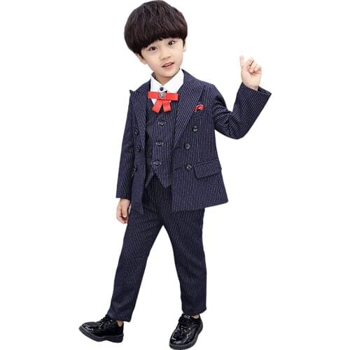 Children Formal Dress Suit Set Flower Boys Wedding Party Performance Costume Kids Striped Blazer Vest Pants Shirts Clothing Set