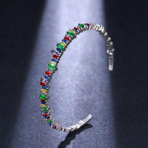 Ekopdee Trendy Vintage Zircon Bracelet Bangle For Women Luxury Crystal Baguette Open Bracelets Female Wedding Jewelry Girls Gift