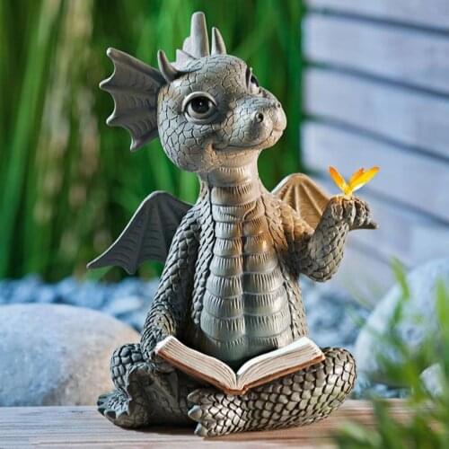 Read Book Dragon Statue Indoor Outdoor Dinosaur Garden Art Bookshelf Collectible Figurines Yoga Patio Sculpture Home Decor