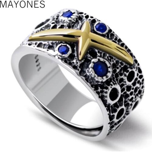 Comet Blue Stone Silver 925 Chunky Rings For Men Women Cool Handmade 925 Sterling Silver Jewelry Antique Thai Silver Rings Gifts
