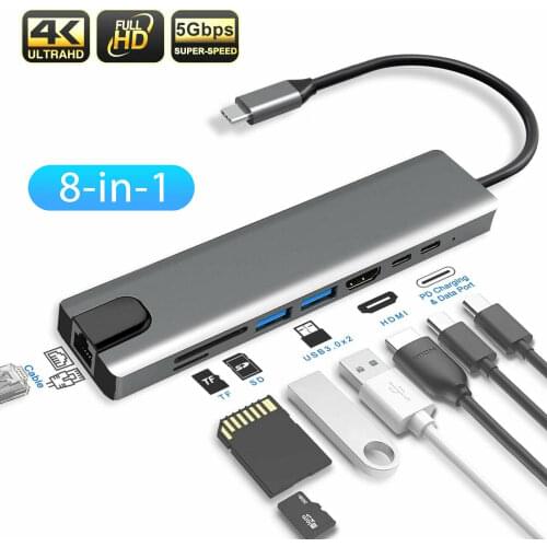 8 in1 USB-C To Type-C Dual USB 3.0 Hub HDMI RJ45 Ethernet Micro SDTF OTG Adapter