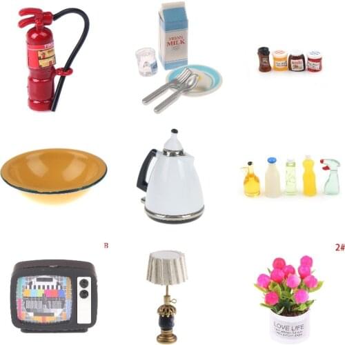 Dollhouse Furniture Toys Doll House Decoration Accessories Kettle Cheeses Jam Wall Clock Potted Plant Bottles Lamp Kettle