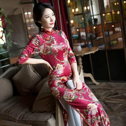The Fashion Super Quality Long Velvet Sleeves Chinese Style Thin Classical Red with Printing Stripe Silk Dress