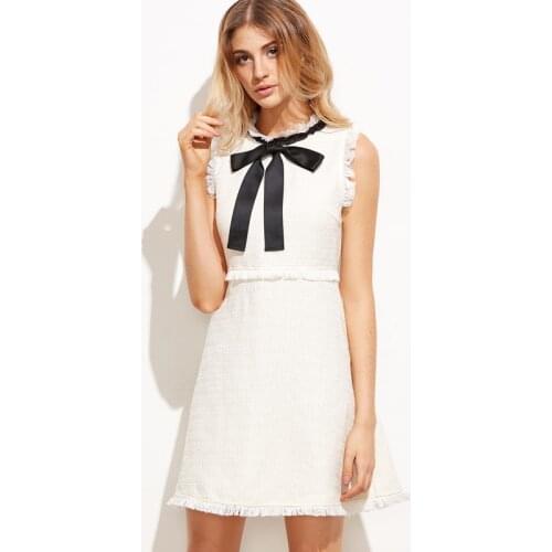 OLGITUM Autumn Dresses Women 2020 Ladies White Party Dresses Bow Tie Neck Sleeveless Elegant Frayed Trim Tweed Dress DR394