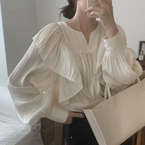 Autumn Women Tops 2021 New Ruffle Stitching Chic Pleated Long Lantern Sleeve Blouse O Neck Gentle Solid Loose Shirt Blusas 14152