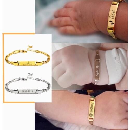 Personalize Baby Name Bracelet Figaro Chain Smooth Bangle Link Gold Tone No Fade Safty baby Jewelry custom letter bracelet