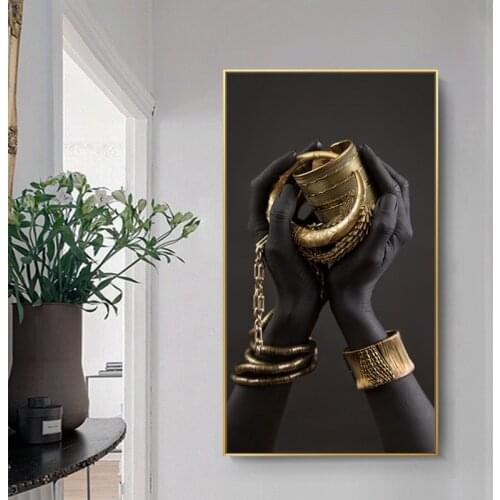Black and Gold Hand Bracelet Jewelry Canvas Painting African Art Cuadros Posters and Prints Wall Art Picture for Living Room