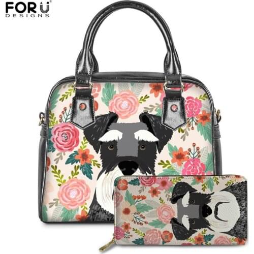 FORUDESIGNS Luxury Women 2Set/Pcs Handbags&Purses Cartoon French Bulldog /Pug/Schnauzer Florals Dog Portrait Pattern PU Tote Bag