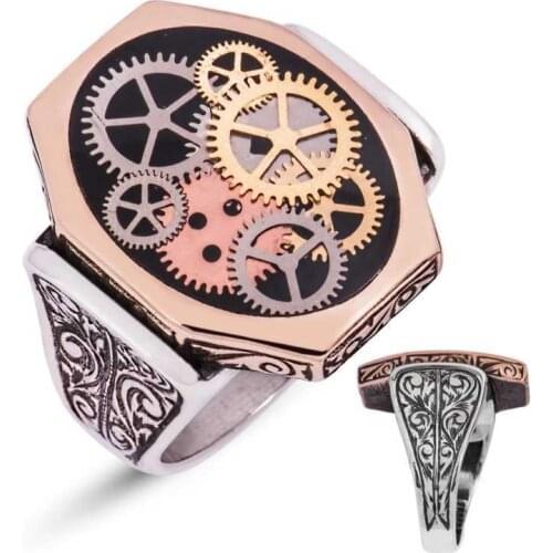 Silverlina Silver Black Clock Wheel Male Ring